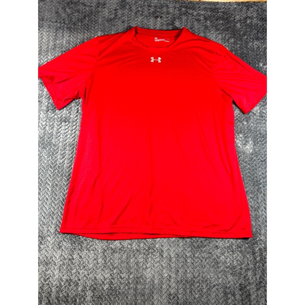 Under Armour HeatGear T Shirt Men Large Red Loose Moisture Wicking Trail Jogging
